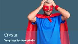  Presentation with super man - PPT theme with young-blond-man-wearing-super background and a ocean colored foreground