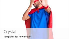  Presentation with super man - Cool new PPT theme with young-blond-man-wearing-super backdrop and a white colored foreground