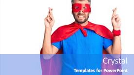  Presentation with super man - Cool new slide deck with young-blond-man-wearing-super backdrop and a cobalt blue colored foreground