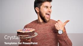  Presentation with happy birthday cake - Slide set enhanced with young-blond-man-with-beard background and a tawny brown colored foreground