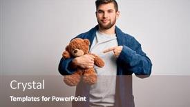  Presentation with teddy bear - Colorful slide deck enhanced with young-blond-man-with-beard backdrop and a violet colored foreground