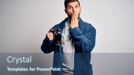  Presentation with coffe - Cool new PPT theme with young-blond-man-with-beard backdrop and a ocean colored foreground