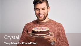  Presentation with happy birthday cake - Theme with young-blond-man-with-beard background and a tawny brown colored foreground