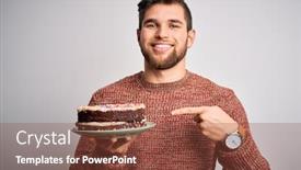  Presentation with happy birthday cake - Cool new PPT theme with young-blond-man-with-beard backdrop and a tawny brown colored foreground