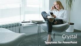  Presentation with scrolling - Amazing PPT theme having young-blond-relaxed-businesswoman backdrop and a gray colored foreground