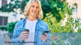  Presentation with smartphone - Slide set consisting of young-blond-scandinavian-man-using background and a light blue colored foreground