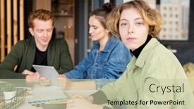  Presentation with developer - PPT theme having young-blond-serious-female-mobile background and a soft green colored foreground