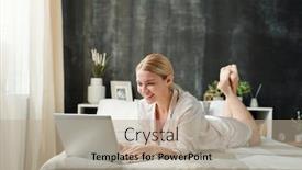  Presentation with silk - Colorful PPT theme enhanced with young-blond-smiling-female backdrop and a mint green colored foreground