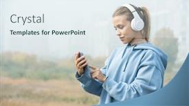  Presentation with blue music - Audience pleasing theme consisting of young-blond-sportswoman-in-white backdrop and a sky blue colored foreground