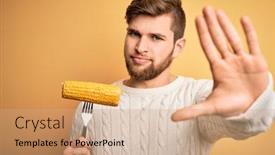  Presentation with corn cob - PPT layouts with young-blond-vegetarian-man background and a coral colored foreground