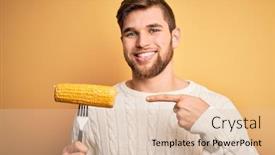  Presentation with corn cob - Theme having young-blond-vegetarian-man background and a lemonade colored foreground