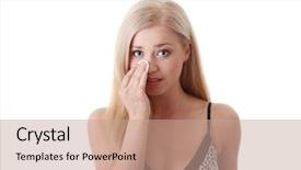  Presentation with cotton - Slides consisting of young blond woman applying face cotton pads isolated on white background background and a coral colored foreground