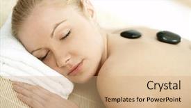  Presentation with treatment - Colorful PPT theme enhanced with young blond woman getting lastone treatment at spa backdrop and a coral colored foreground