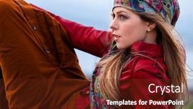  Presentation with brown leather - Audience pleasing presentation theme consisting of young blond woman in autumn fashion clothes red leather jacket cashmere scarf and brown skirt outdoor shot backdrop and a tawny brown colored foreground