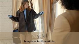  Presentation with black woman - PPT theme enhanced with young-blond-woman-in-stylish and a coral colored foreground