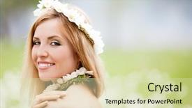 Presentation with crown - Audience pleasing PPT theme consisting of young blond woman wearing a crown of flowers outdoor on a summer day backdrop and a soft green colored foreground