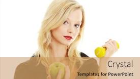  Presentation with healthy living - Cool new PPT theme with young blond woman with green apple and yellow dumbbell - healthy living concept backdrop and a yellow colored foreground