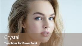  Presentation with girl model - Amazing PPT theme having young blond woman with long curly hair beautiful face of gorgeous girl with blue eyes nice portrait of a caucasian female looking at camera attractive fashion model backdrop and a tawny brown colored foreground