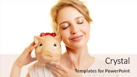  Presentation with piggy bank - Colorful PPT theme enhanced with young blond woman with piggy backdrop and a lemonade colored foreground