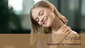  Presentation with natural cosmetic - Slide deck with young-blond-woman-with-toothy background and a coral colored foreground