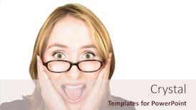  Presentation with joy - Presentation with young blond woman with large green eyes in glasses holding her head in her hands and screaming with joy background and a lemonade colored foreground