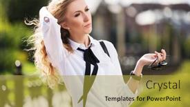  Presentation with black business - Slide deck featuring young-blonde-business-woman-walking background and a gold colored foreground