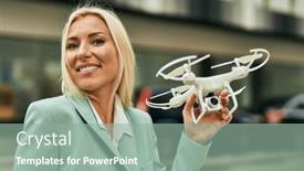  Presentation with drone - PPT theme having young-blonde-businesswoman-smiling-happy background and a seafoam green colored foreground
