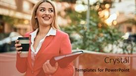  Presentation with coffe - Beautiful PPT layouts featuring young-blonde-businesswoman-smiling-happy backdrop and a red colored foreground