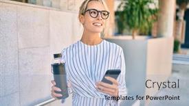  Presentation with water bottle - Cool new presentation design with young-blonde-businesswoman-smiling-happy backdrop and a light blue colored foreground