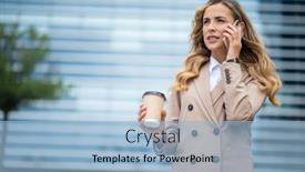  Presentation with city street - Audience pleasing theme consisting of young-blonde-businesswoman-talking backdrop and a light blue colored foreground