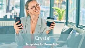  Presentation with coffee shop - Beautiful slide deck featuring young-blonde-businesswoman-using-smartphone backdrop and a light blue colored foreground