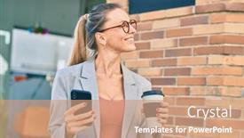  Presentation with smartphone - Presentation design consisting of young-blonde-businesswoman-using-smartphone background and a coral colored foreground