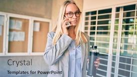  Presentation with bottle water - Amazing presentation design having young-blonde-businesswoman-with-serious backdrop and a light blue colored foreground