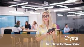  Presentation with online voting - Slide deck consisting of young blonde businesswoman working online background and a coral colored foreground