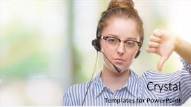  Presentation with call center - Colorful PPT theme enhanced with young blonde call center operator backdrop and a light blue colored foreground