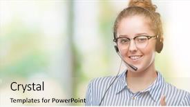  Presentation with call center software - Theme with young blonde call center operator background and a soft green colored foreground