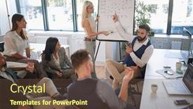  Presentation with coworkers - Amazing PPT theme having young-blonde-caucasian-businesswoman backdrop and a tawny brown colored foreground