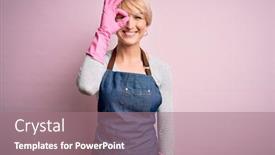  Presentation with apron - PPT theme with young-blonde-cleaner-woman background and a coral colored foreground