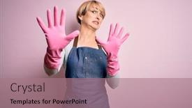  Presentation with panic - Beautiful presentation design featuring young-blonde-cleaner-woman backdrop and a coral colored foreground