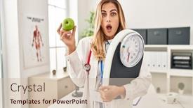  Presentation with green apple - PPT theme consisting of young-blonde-doctor-woman-holding background and a soft green colored foreground