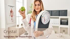  Presentation with simple green - Slide deck consisting of young-blonde-doctor-woman-holding background and a soft green colored foreground