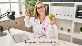  Presentation with green apple - Presentation design consisting of young-blonde-doctor-woman-holding background and a lemonade colored foreground