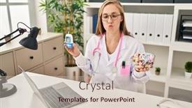  Presentation with glucometer - Presentation theme enhanced with young-blonde-doctor-woman-holding background and a soft green colored foreground