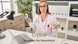  Presentation with glucometer - PPT layouts having young-blonde-doctor-woman-holding background and a soft green colored foreground