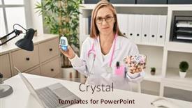  Presentation with glucometer - Slide deck enhanced with young-blonde-doctor-woman-holding background and a soft green colored foreground