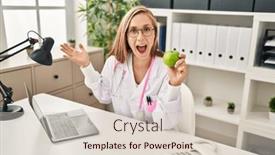  Presentation with achievement - Presentation theme featuring young-blonde-doctor-woman-holding background and a lemonade colored foreground