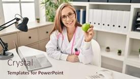  Presentation with green apple - Presentation theme featuring young-blonde-doctor-woman-holding background and a lemonade colored foreground