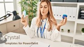  Presentation with making medicine - PPT theme having young-blonde-doctor-woman-holding background and a lemonade colored foreground