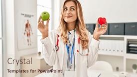  Presentation with green apple - PPT theme consisting of young-blonde-doctor-woman-holding background and a lemonade colored foreground