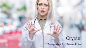  Presentation with panic - PPT layouts with young blonde doctor woman over isolated background afraid and terrified with fear expression stop gesture with hands shouting in shock panic concept background and a sky blue colored foreground